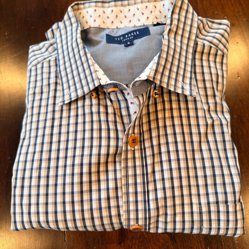 Ted Baker London Button Down Shirt Mens XL Blue Tan Excellent Gingham Check